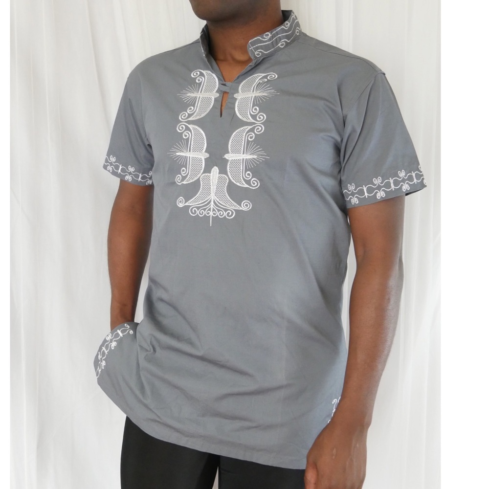 Men’s Embroidered Dashiki - Gray/White